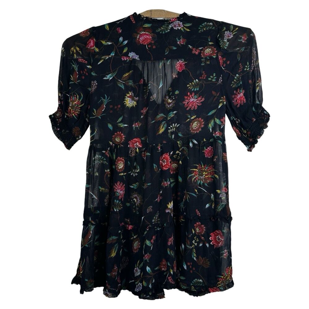 Anthropologie Salzburg Sheer Tunic Top Floral Ruffle Tiered Puff Sleeve Black S - Picture 6 of 9